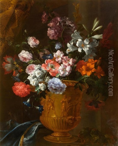 Still Life Of Flowers With Anemones, Roses And Lilies In A Bronze Vase Oil Painting - Jean-Baptiste Monnoyer