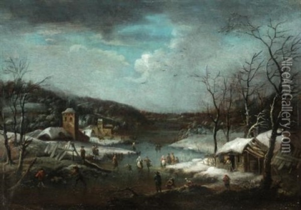 A Skating Scene With A Town Beyond Oil Painting - Jan Peter van Bredael the Elder