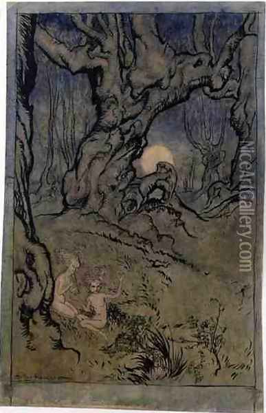 Moonlight Fairies in a Wood Oil Painting - Arthur Rackham