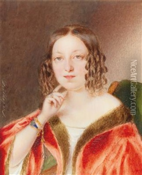 A Portrait Of A Lady In A Red Fur-trimmed Coat Oil Painting - Matthias Grilhofer