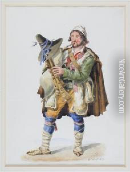 A Man Playing A Dudelsack; Continental Rustic Oil Painting - Arthur John Strutt