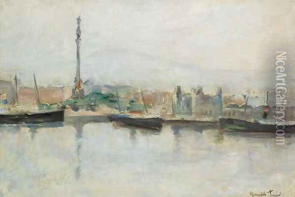 Ships in the Harbour (Båter på havnen) Oil Painting - Henrik Lund