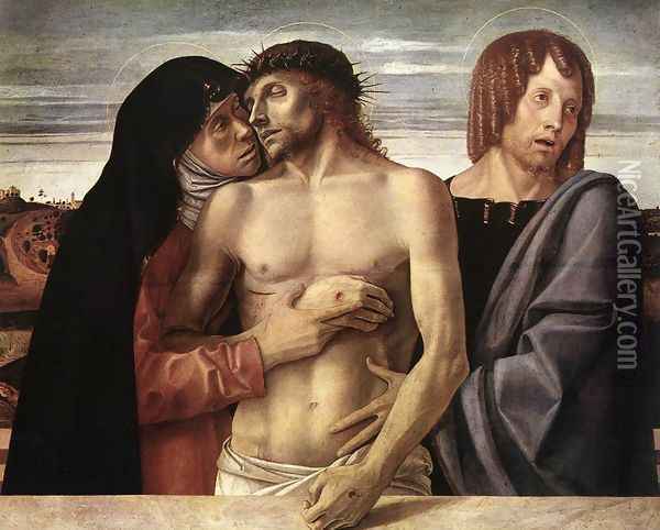 Dead Christ Supported by the Madonna and St John (Pietà) 1460 Oil Painting - Giovanni Bellini