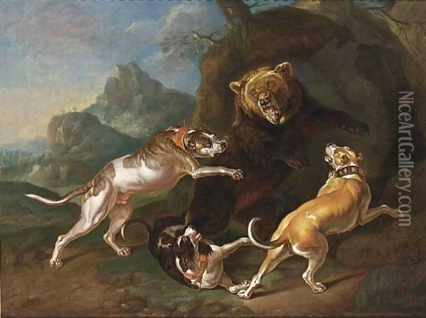 A Hunting Scene With Dogs Bringing Down A Bear Oil Painting - Ferdinand Phillip de Hamilton