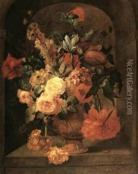 A Still Life Of Flowers Including Roses, Irises, Tulips And Peonies In A Terracotta Vase In A Stone Niche Oil Painting - Jacob van Huysum