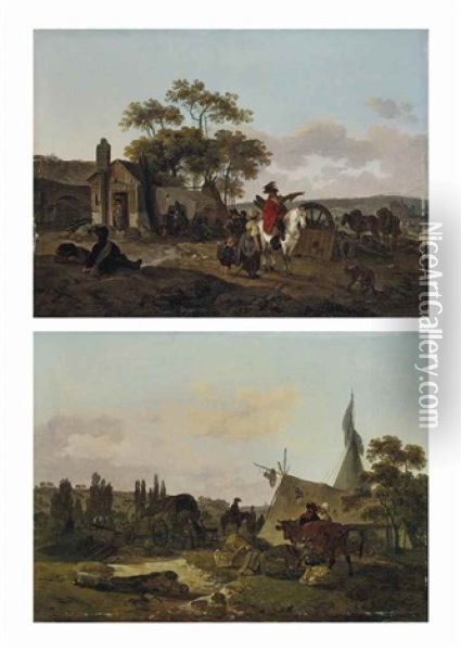 Paysage Au Cavalier; Et Paysage Au Campement (pair) Oil Painting - Claude Michel Hamon Duplessis