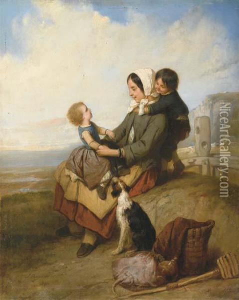 Jeune Mere Et Ses Enfants Sur Le Bord De Mer Oil Painting - Joseph Beaume