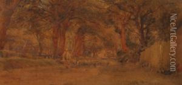 Shepherd And Flock On A Woodland Road Oil Painting - Arthur Reginald Smith