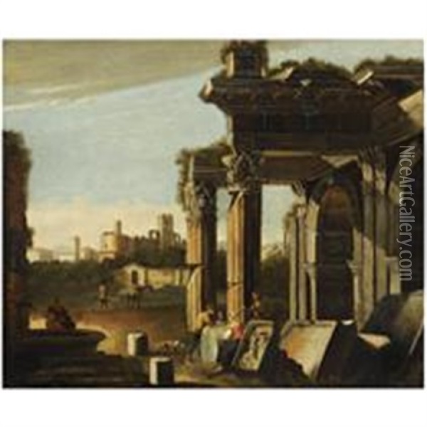 A Capriccio Of Classical Ruins With Peasants Resting Oil Painting - Niccolo Codazzi