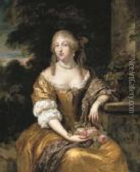 Portrait Of A Lady, Three-quarter-length, In A Gold Satin Gown,seated In A Garden Oil Painting - Caspar Netscher