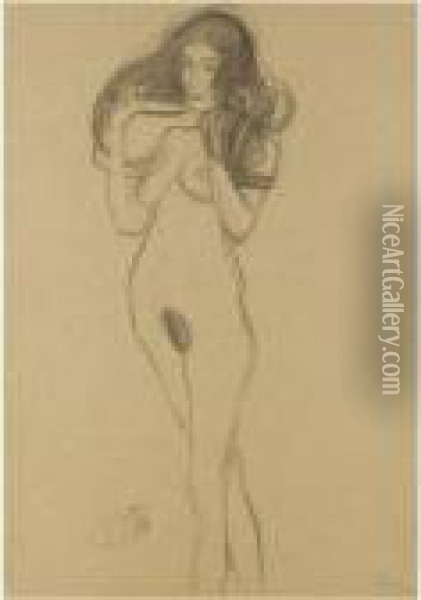 Stehender Madchenakt Nach Links, Die Haare Mit Den Handen Haltend Oil Painting - Gustav Klimt
