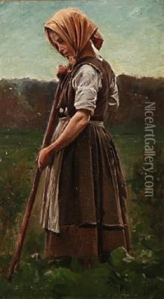 A Girl In The Beet Field Oil Painting - Erik Ludwig Henningsen