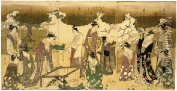 ````mitate Tsutsu Izutsu' (a Parody Of The Well Curb) Oil Painting - Chobunsai Eishi