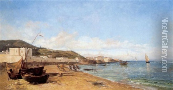 Am Strand Von Mattares, Algier, Mit Blick Auf Notre-dame D'afrique Oil Painting - Marius Reynaud