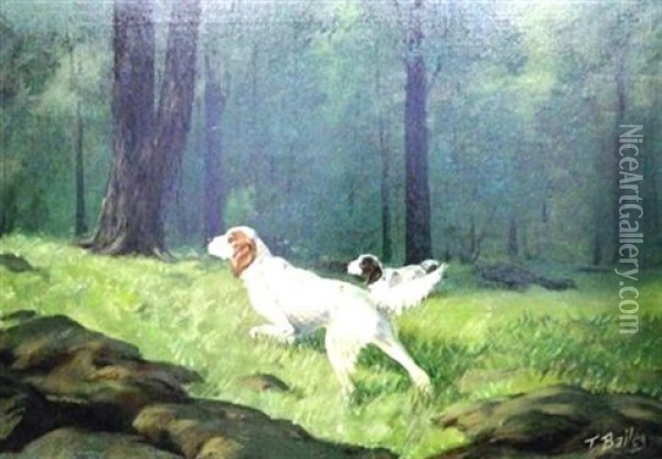 Pointers In A Wood Oil Painting - Henry T(urner) Bailey