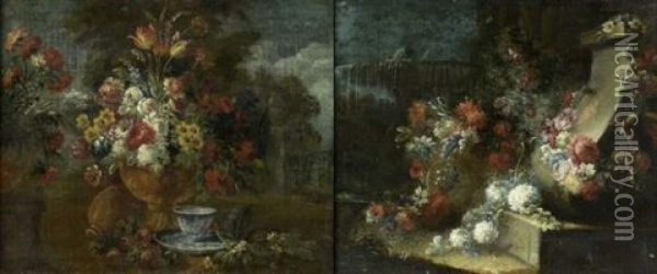 Bouquet De Fleurs Dans Un Paysage (2 Works) Oil Painting - Gasparo Lopez