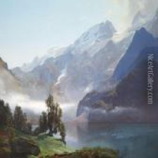 Morning View Of Lake Lucerne Oil Painting - Janus Andreas La Cour