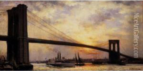 View Of The Brooklyn Bridge Oil Painting - Emile Renouf
