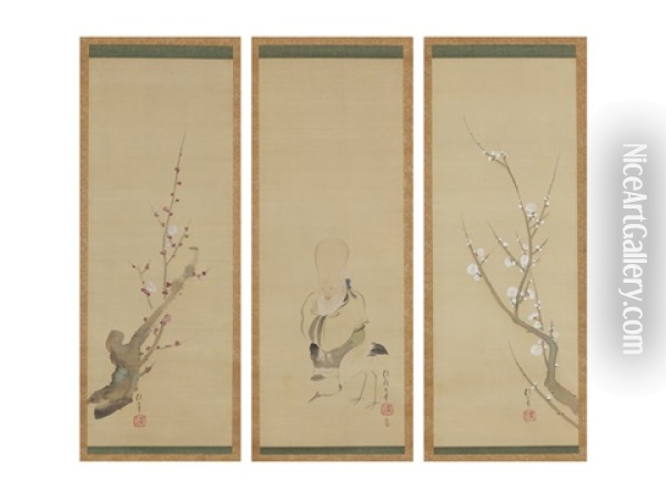 The God Of Longevity, A Crane And Plum Trees (a Set Of Three Scrolls) Oil Painting - Sakai Hoitsu