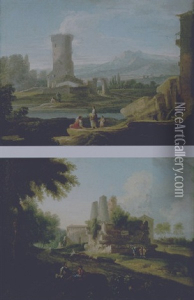 Paesaggio Fluviale Con Un Torrione E Tre Astanti In Primo Piano Oil Painting - Giovanni Battista Busiri