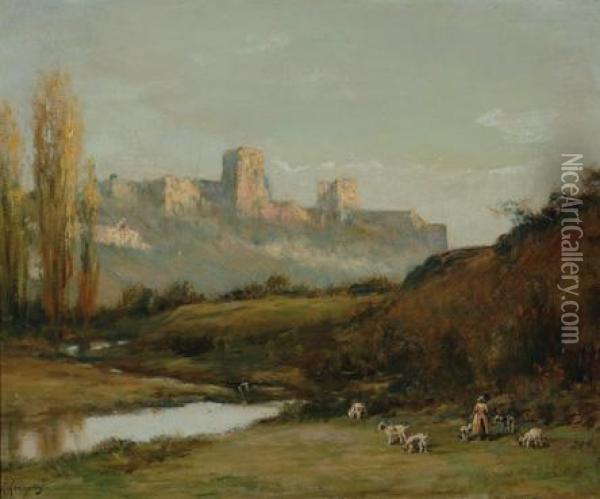 A Summer Landscape With Thecity Of Carcasonne In The Background Oil Painting - Henri-Joseph Harpignies