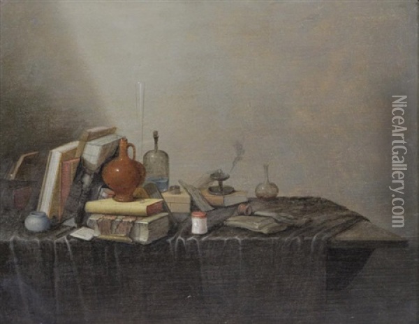 Still Life With Book And Vessels On A Draped Table Oil Painting - Gerrit Willemsz. Heda