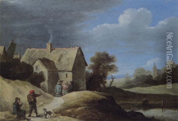 Villageois Pres D'une Maison, Sous Un Ciel Tourmente Oil Painting - Thomas Van Apshoven