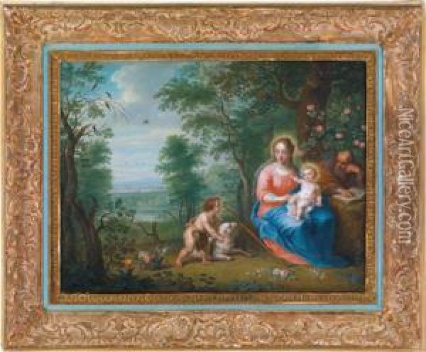 La Sacra Famiglia Con San Giovannino In Un Paesaggio Boschivo Oil Painting - Balthasar Beschey