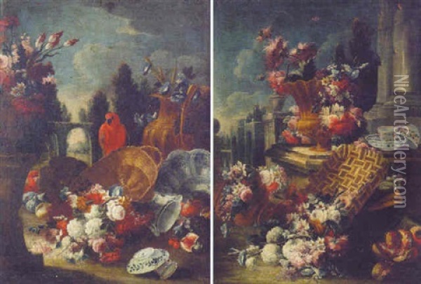 Flowers In An Urn And In A Gilt Ewer, By A Parrot, An Upturned Basket Of Flowers, Fruit And China In A Garden Oil Painting - Gasparo Lopez