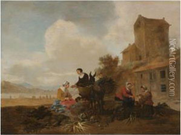 A River Landscape With Vegetable Sellers In The Foreground With A Donkey Oil Painting - Hendrick Mommers
