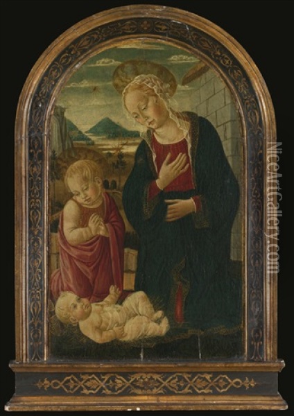 Madonna And Child With The Infant Saint John The Baptist, In An Architectural Setting, An Extensive Mountainous Landscape Beyond Oil Painting - Bernardo di Stefano Rosselli