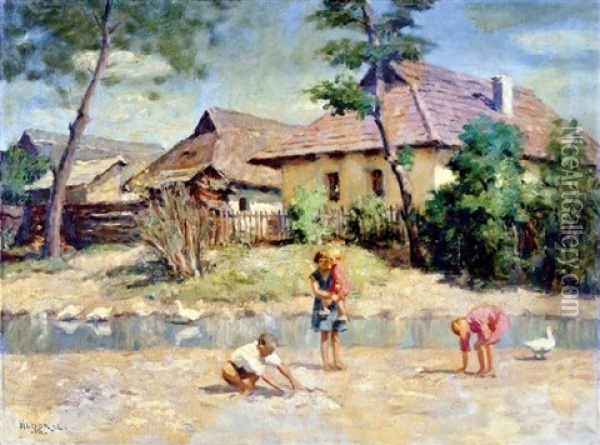 Gyerekek A Patakparton Oil Painting - Janos Laszlo Aldor