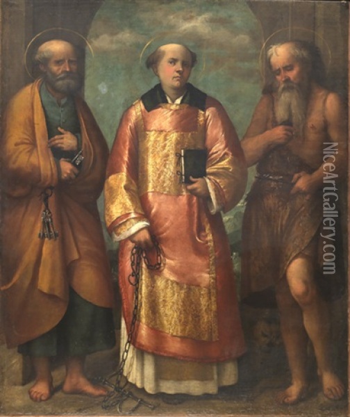 I Santi Pietro, Leonardo E Gerolamo Oil Painting -  Romanino (Girolamo Romani)