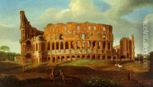 Blick Auf Das Kolosseum In Rom Mit Rastenden Und Reitern Oil Painting - Hendrick Frans van Lint