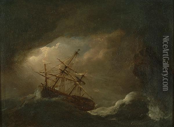 Ship Dismasted In A Storm Oil Painting - Willem van Mieris