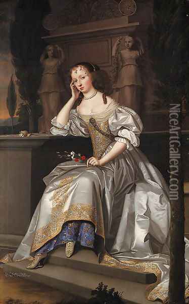 Portrait of Elizabeth, Countess of Westmorland, full-length, seated in a white satin dress with gold and silver brocade Oil Painting - John Michael Wright