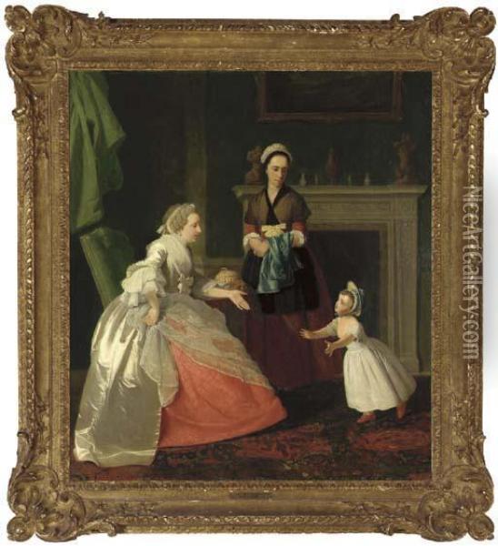 An Interior With Two Women And A Child Oil Painting - Johann Zoffany