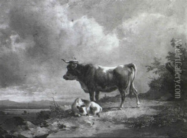 Kuh Mit Kalb Auf Der Weide Oil Painting - Edmund Mahlknecht