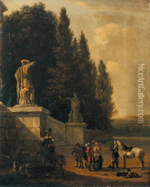 Le Depart Des Cavaliers Dans Le Parc D'une Villa Oil Painting - Johannes Lingelbach