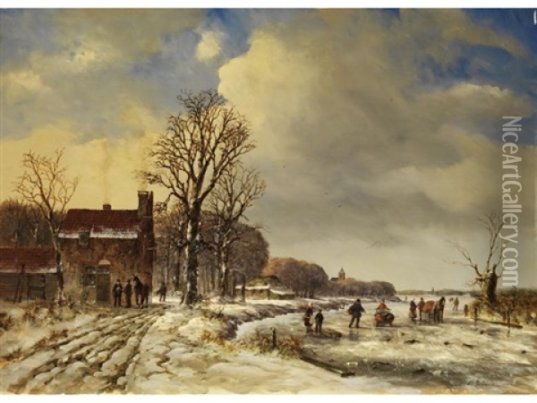 Verschneite Hollandische Landschaft Mit Vereistem Fluss Und Figurenstaffage Oil Painting - Arnoldus Johannes Eymer