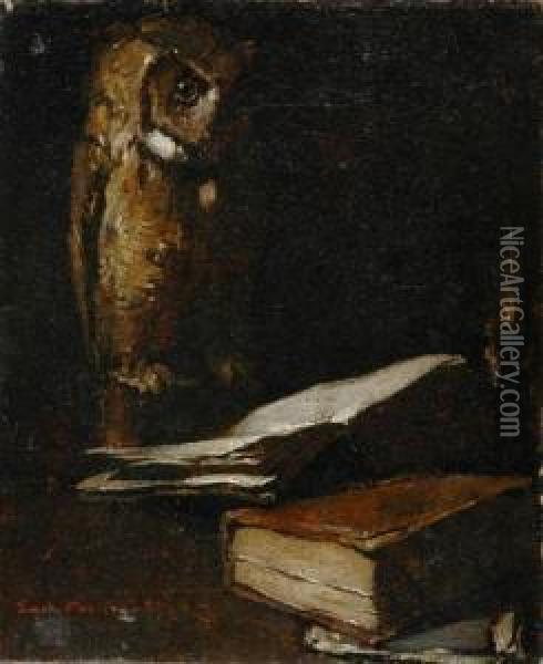 Owl With An Open Book,1883 Oil Painting - Emil Carlsen