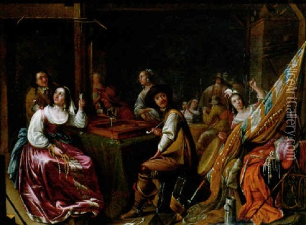 Officers And Campfollowers Playing Tric-trac In A Guardroom, Others Distributing The Loot Nearby Oil Painting - Jacob Duck