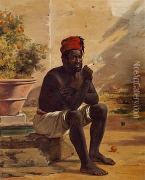 A Nubian Resting On A Staircase, Smoking A Cigarette Oil Painting - Martinus Christian Wesseltoft Rorbye
