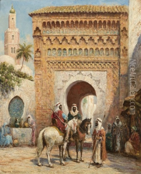 Arabian Courtyard Scene With Men On Horseback Oil Painting - Arthur Trevor Haddon
