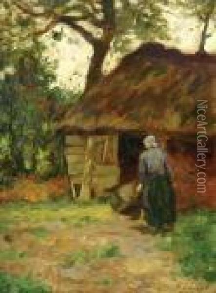 Country Woman Wheeling A Barrow Oil Painting - John Patrick Downie