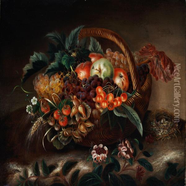A Basket Of Apples,grapes, Strawberry, Cherry And Nuts Oil Painting - Sara Lundblad