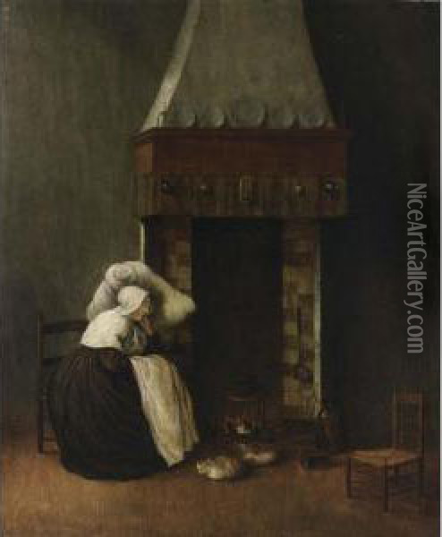 An Interior With A Woman Sleeping Near A Fireplace Together With A Cat And A Dog Oil Painting - Jacobus Vrel