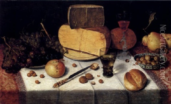 An Uitgestald Still Life Of Grapes And Cheese On Pewter Plates, A Roemer, A Wineglass, Pears, Olives In A Porcelain Bowl, A Bread Roll, On A Table Draped With A Red Damask Cloth And White Lace-trimmed Oil Painting - Floris Claesz van Dyck