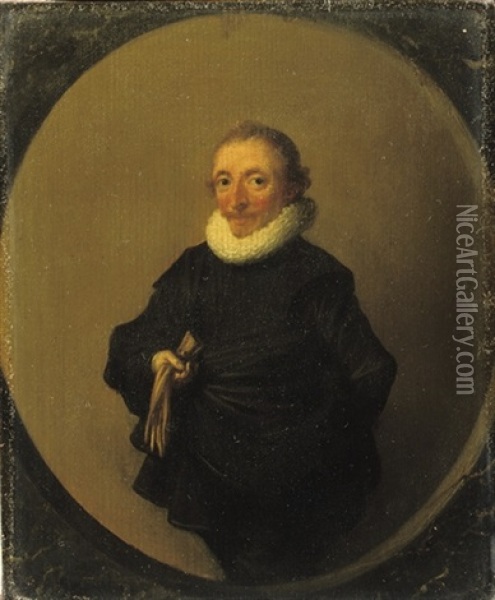 Portrait Of David De Moor In A Black Costume With A White Molensteenkraag Oil Painting - Hendrick Gerritsz. Pot
