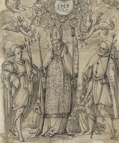 Bishop Flanked By Two Saints. Oil Painting - Kager, Johann Matthias